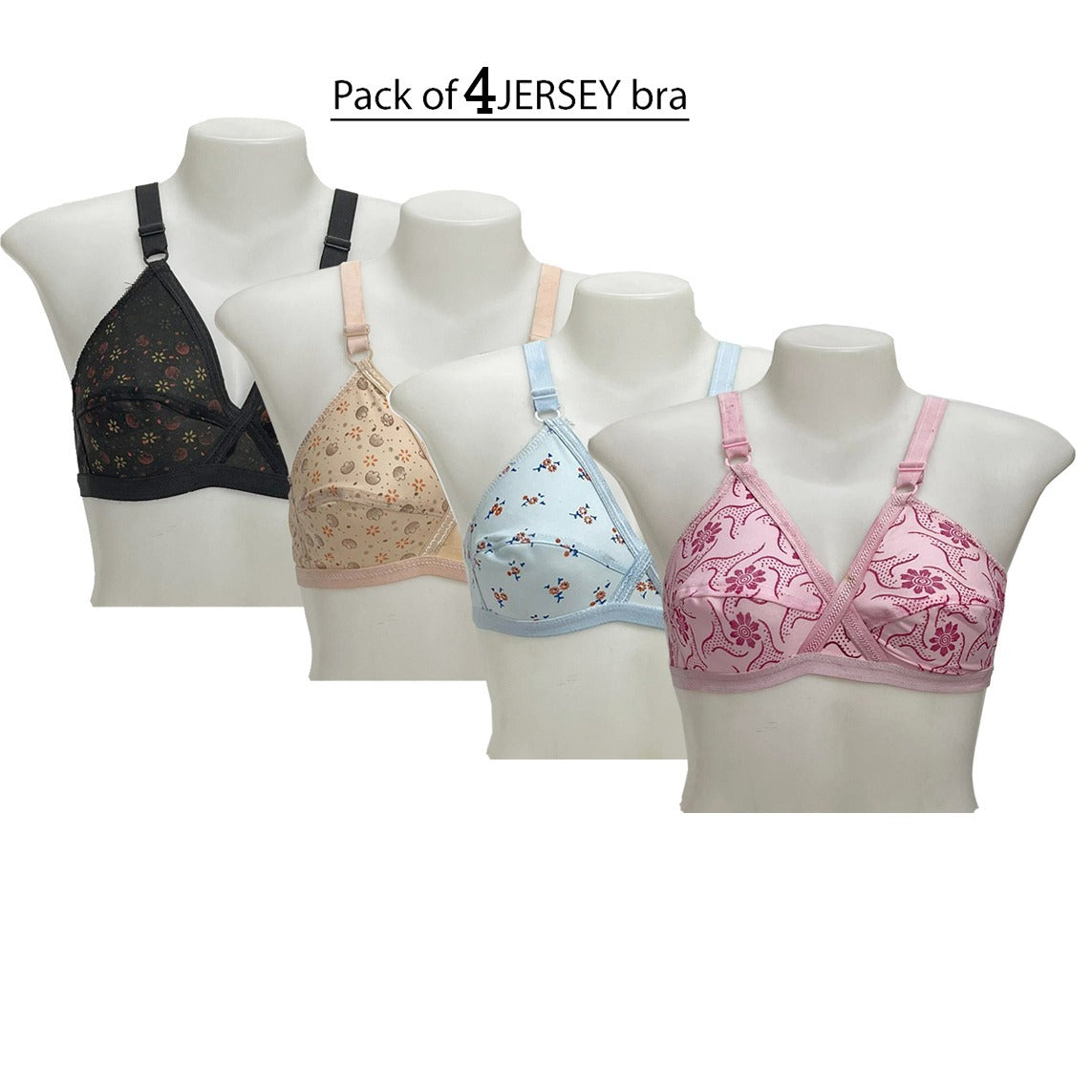 Pack of 4 Soft Cotton Hosiery Printed Bras – Non-Padded & Non-Wired