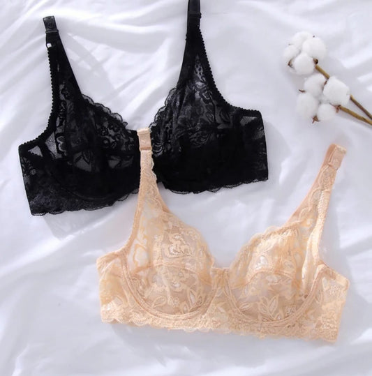 Pack of 2 Net Embroided Non-Padded & Non-Wired Full Net Transparent Cotton Bras